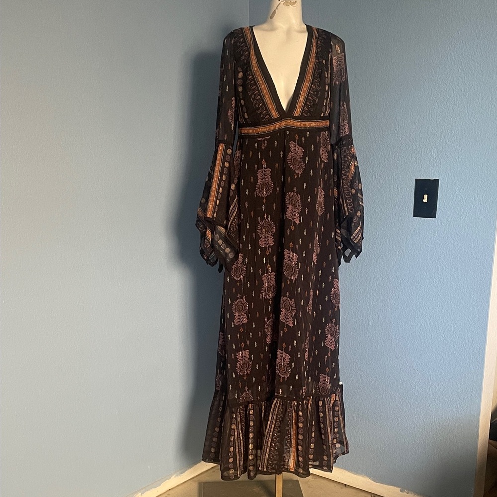 Free People Black and Purple Long Sleeve Dress